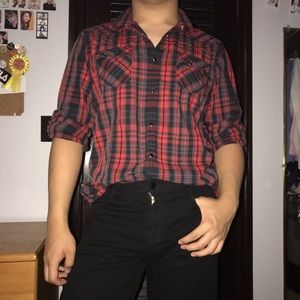 red, gray, and black plaid flannel